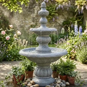 Zweistufiger Outdoor-Brunnen, 133,5 cm, mit eisig-frostiger Steinstruktur – ideal für Terrasse, Balkon und Garten